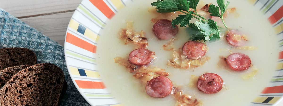 Crema vichyssoise con Arla Havarti y butifarra