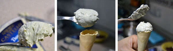 paso3-Cucurucho de crema de Danablu con almendras y frambuesas